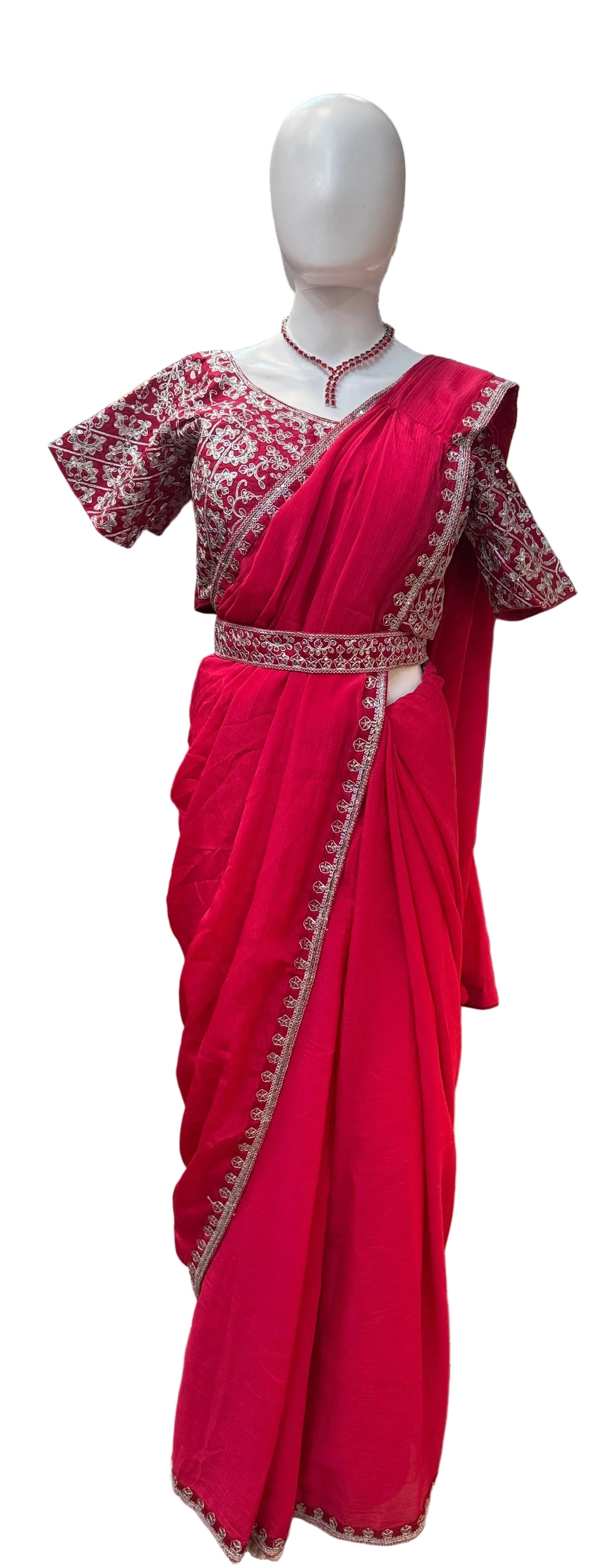 Dark Pink Color Embroidery Work With Chinon Ready To Wear Saree In Chandler