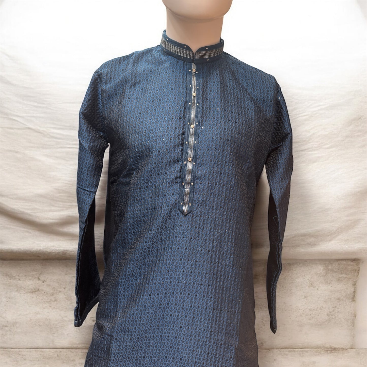 Wonderful Teal Blue Color Raw Silk With Embroidery And Sequins Work Kurta Suits For Men