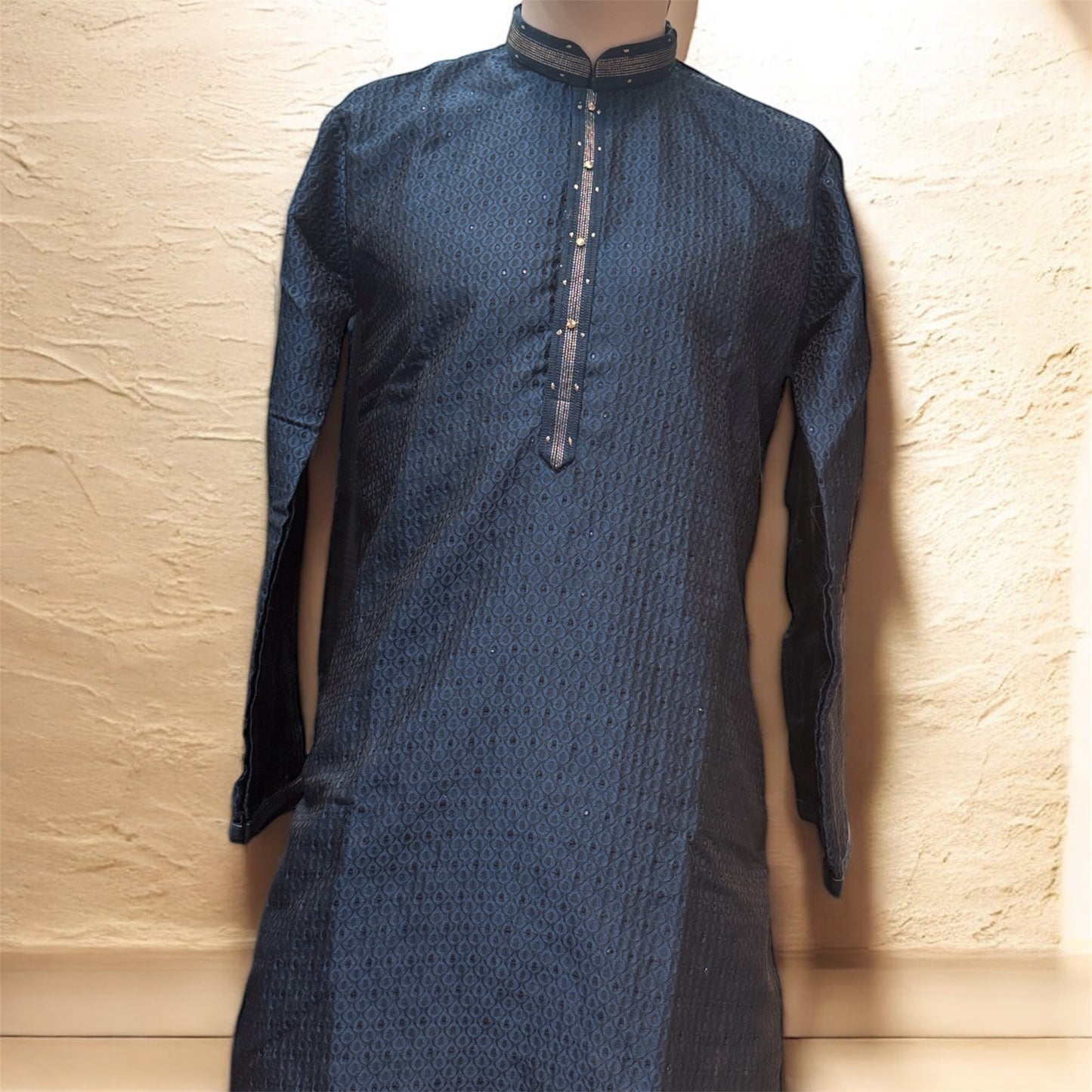 Wonderful Teal Blue Color Raw Silk With Embroidery And Sequins Work Kurta Suits For Men