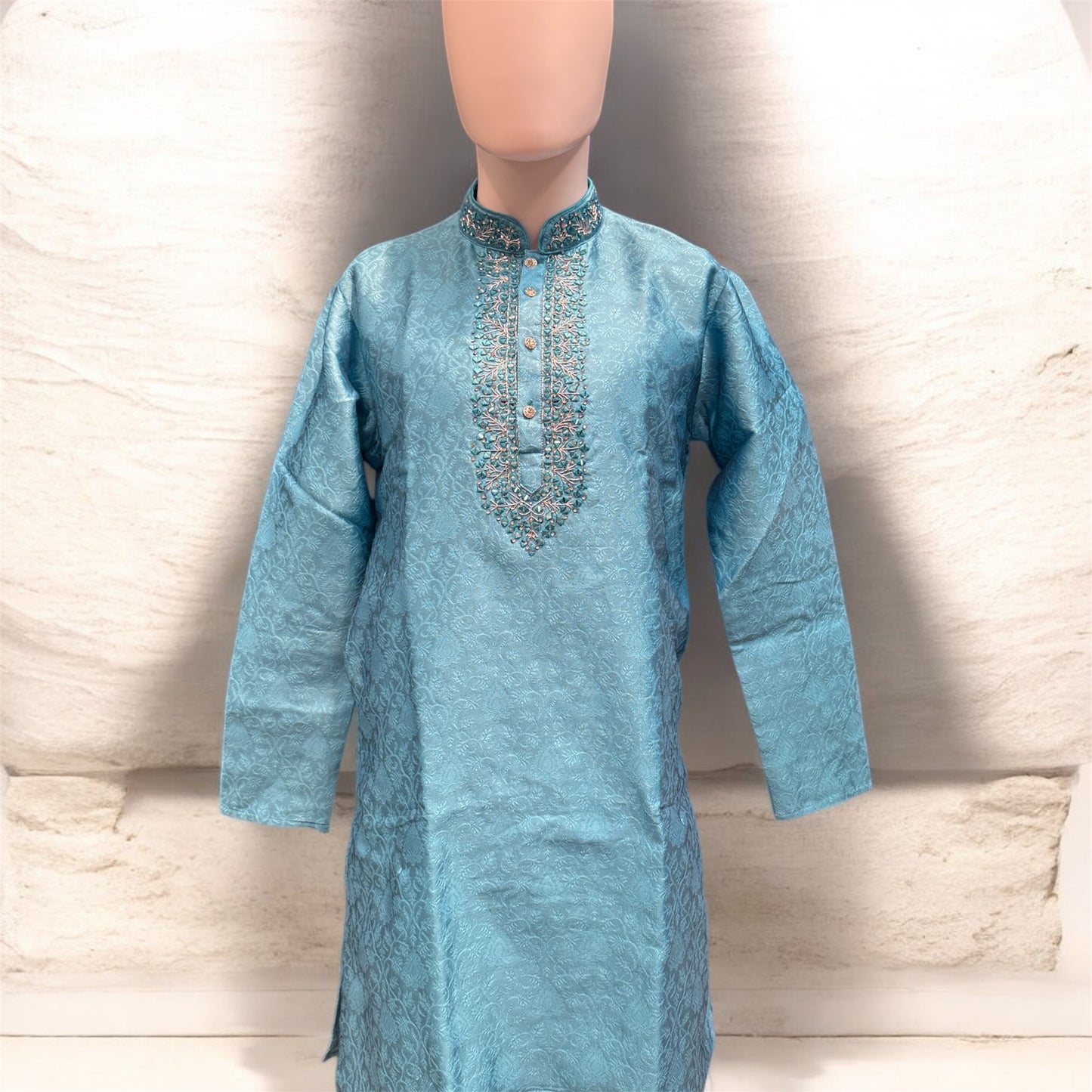Delightful Teal Blue Color Cotton With Embroidery Work Designer Men's Kurta With Pajama Pant