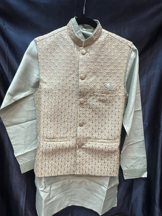 Glorious Pista Green Color Silk Cotton Sherwani Jacket With Pajama For Boys