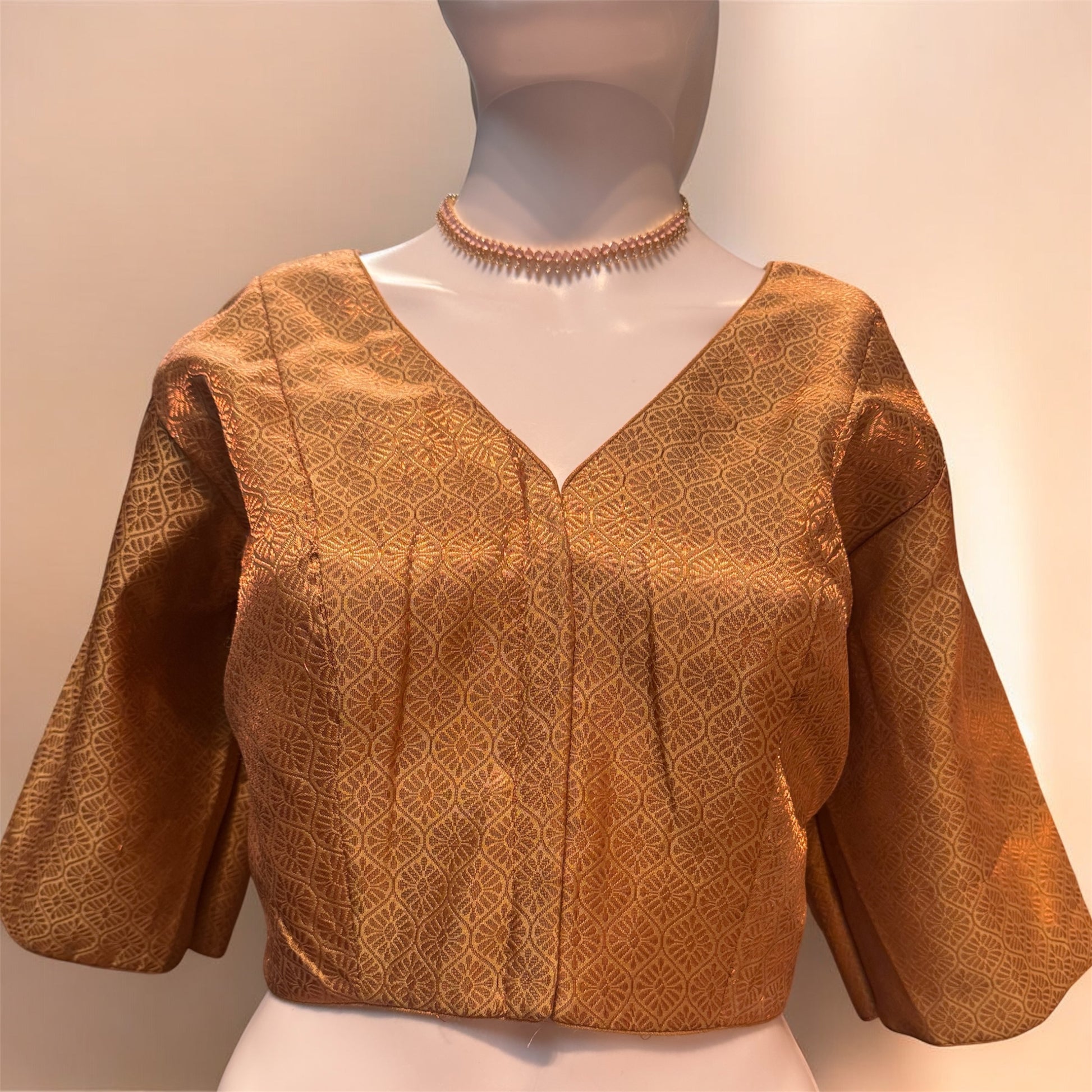 Alluring Front Open Rose Gold Color Jacquard Elbow Sleeve Readymade Blouse For Women