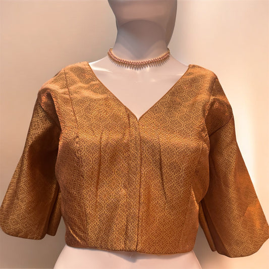 Alluring Front Open Rose Gold Color Jacquard Elbow Sleeve Readymade Blouse For Women
