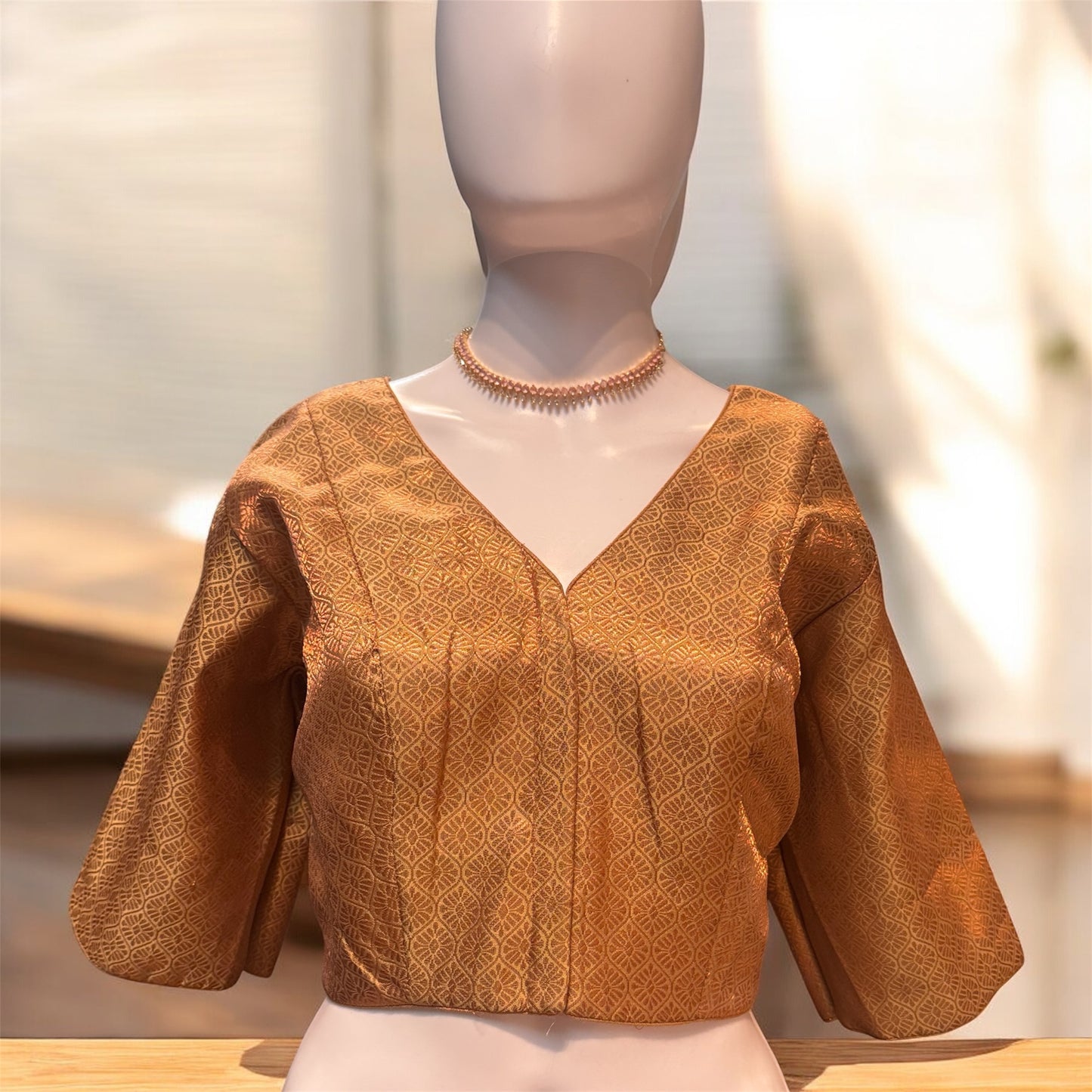 Front Open Rose Gold Color Jacquard Elbow Sleeve Readymade Blouse Near Me