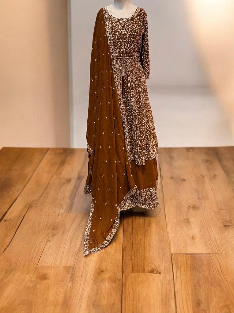 Attractive Brown Color Georgette With Heavy Embroidery Work Anarkali Suits For Women