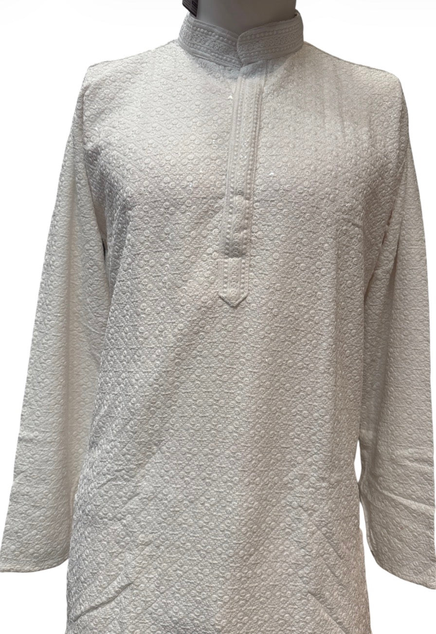 Elegant White Color Heavy Rayon Kurta With Pajama Pants For Men