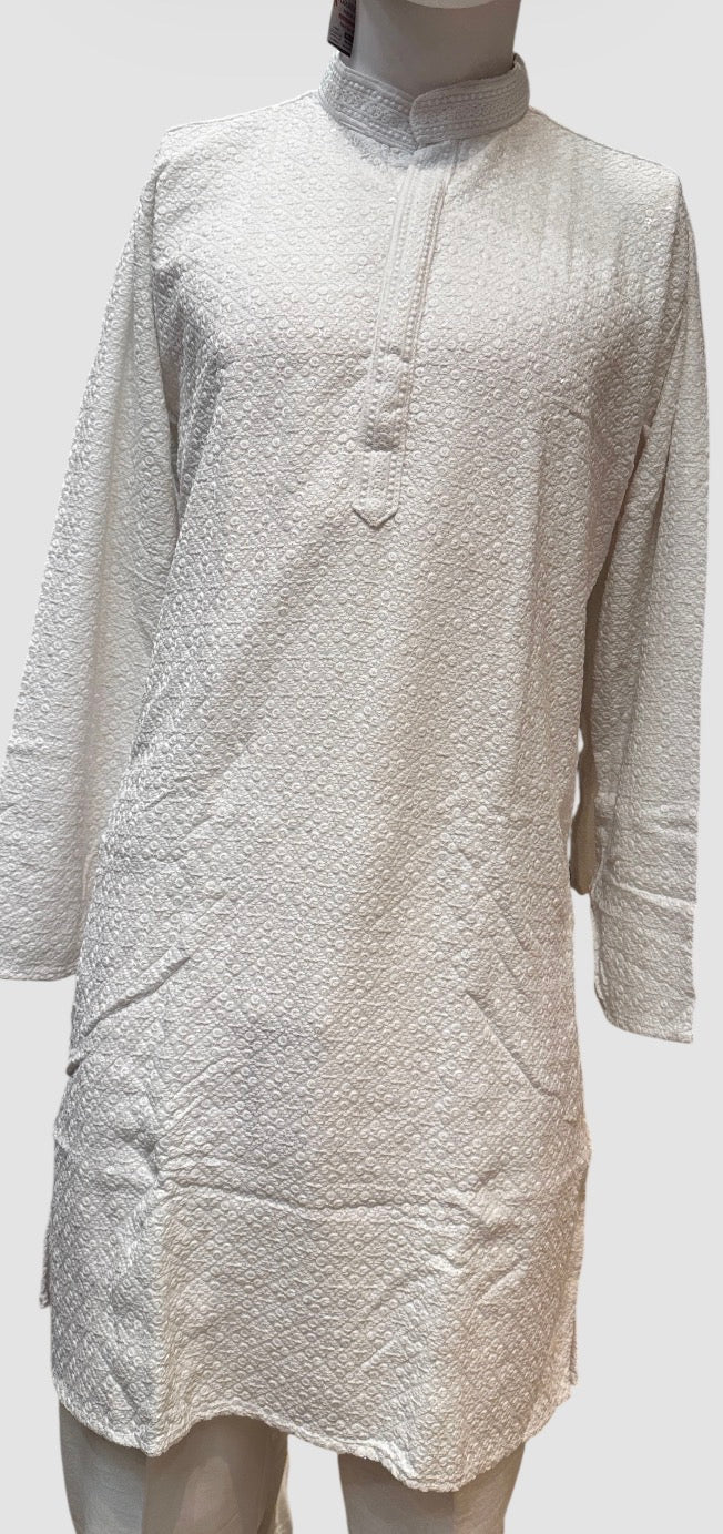 Elegant White Color Heavy Rayon Kurta With Pajama Pants For Men