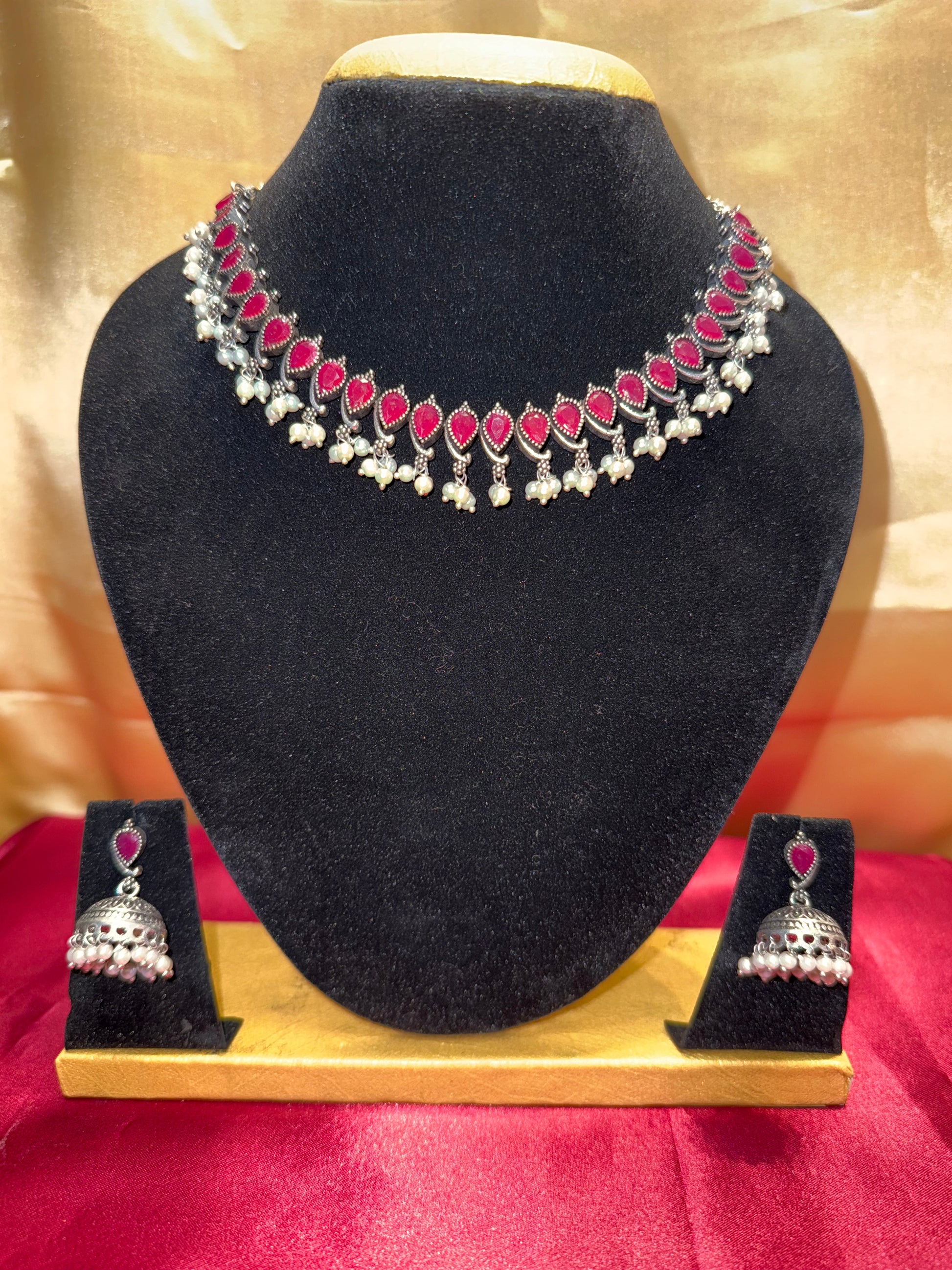 Adorable Magenta Color With White Beaded Oxidized Necklace With Jhumka