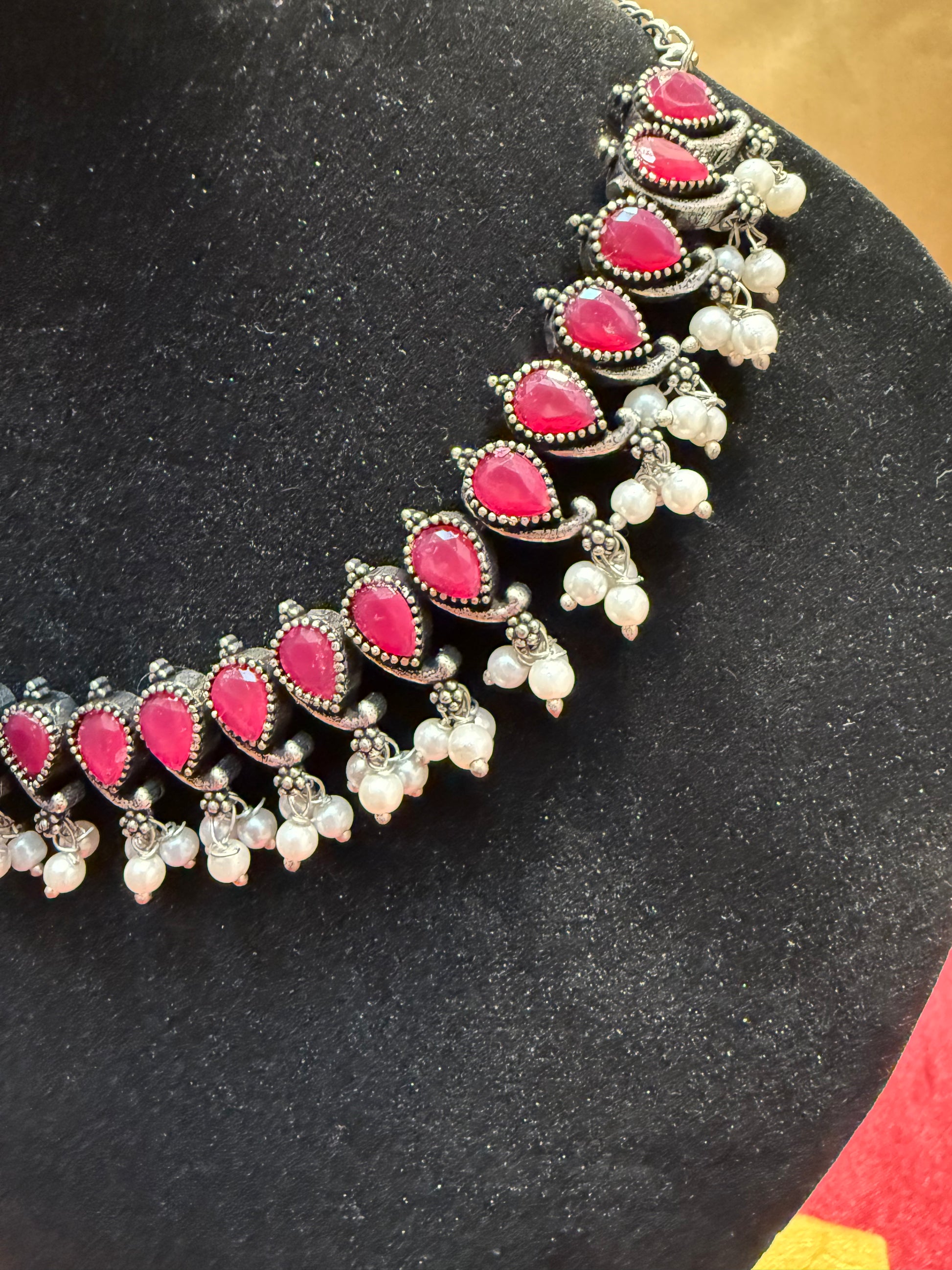 Magenta Color With White Beaded Oxidized Necklace Near Me