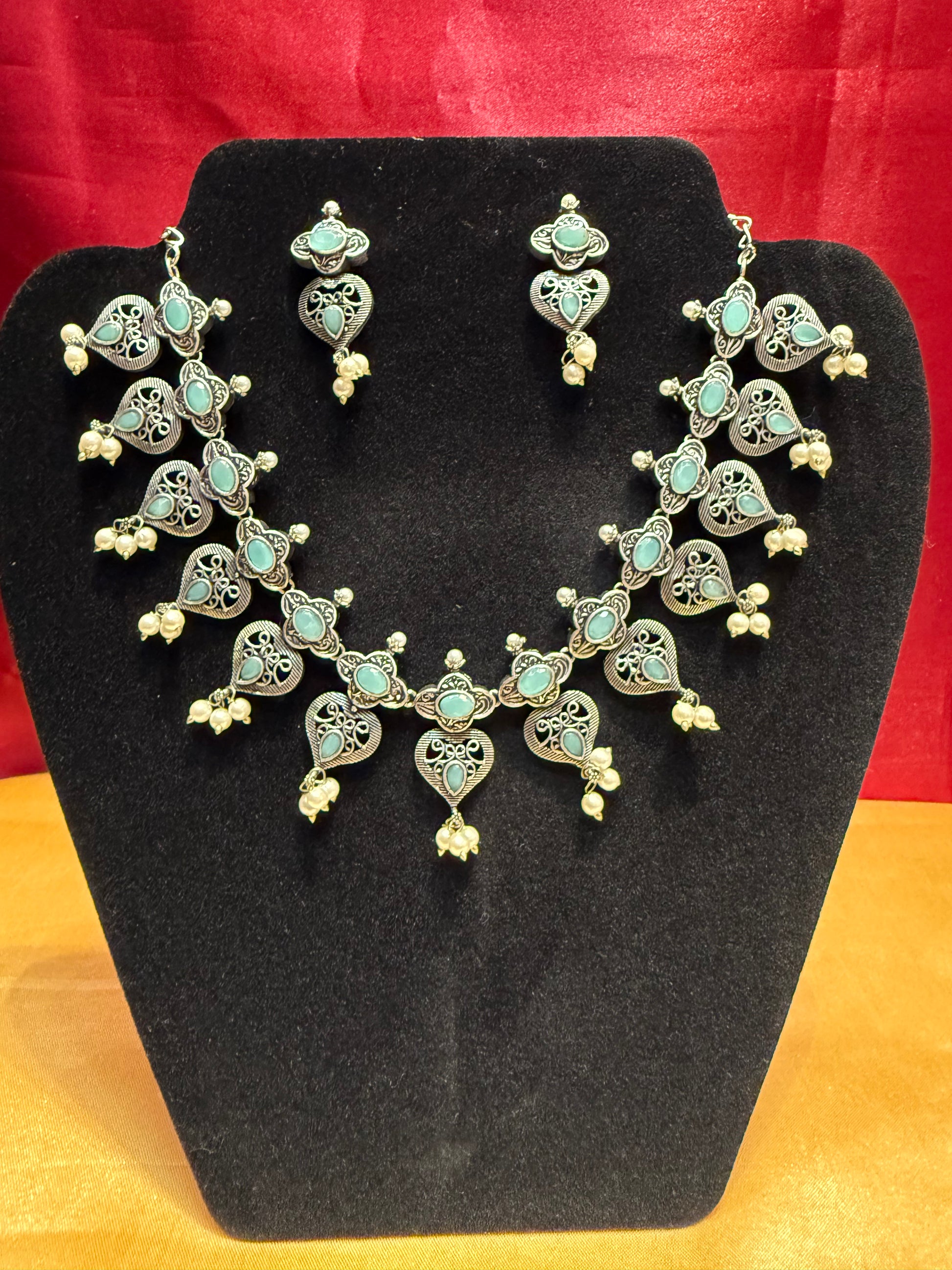 Alluring Light Blue Color Oxidized Designer Necklace With Earrings Set