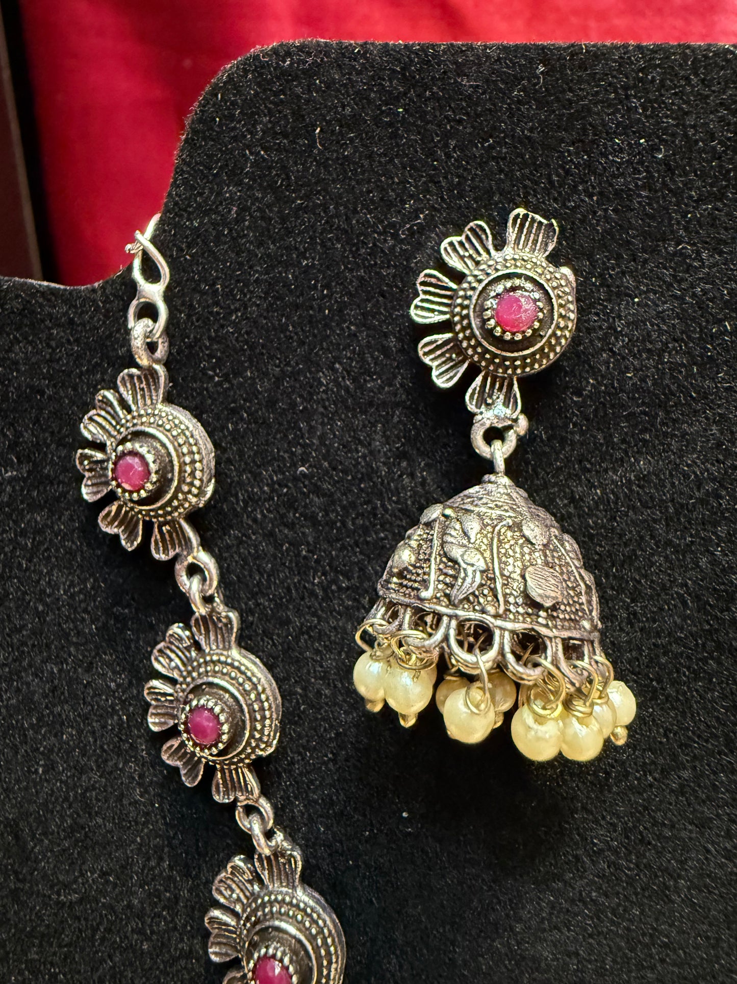 Pink Color Oxidized Pearl Drop Jhumka Set In USA