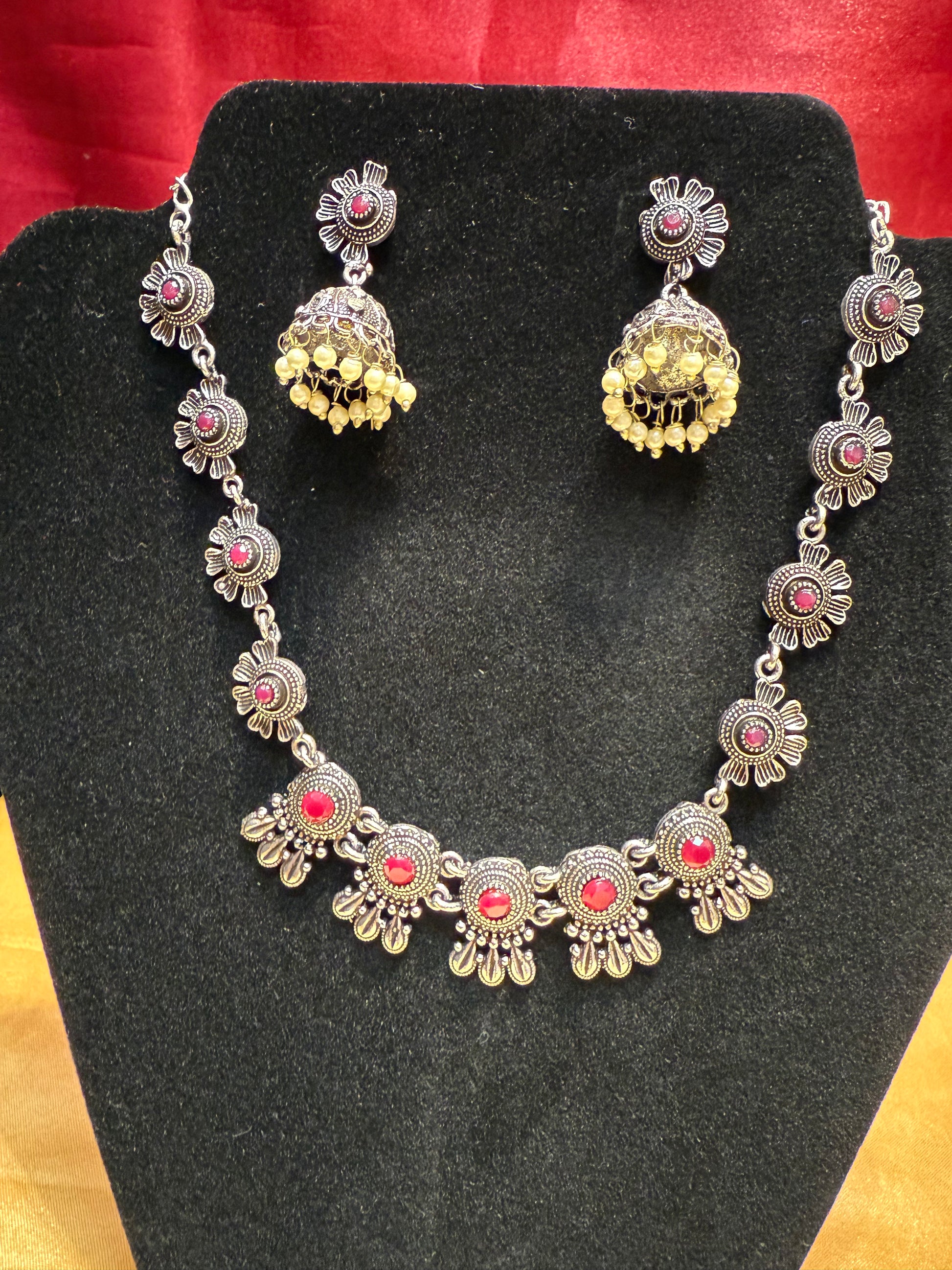 Attractive Pink Color Oxidized Designer Necklace With Pearl Drop Jhumka Set