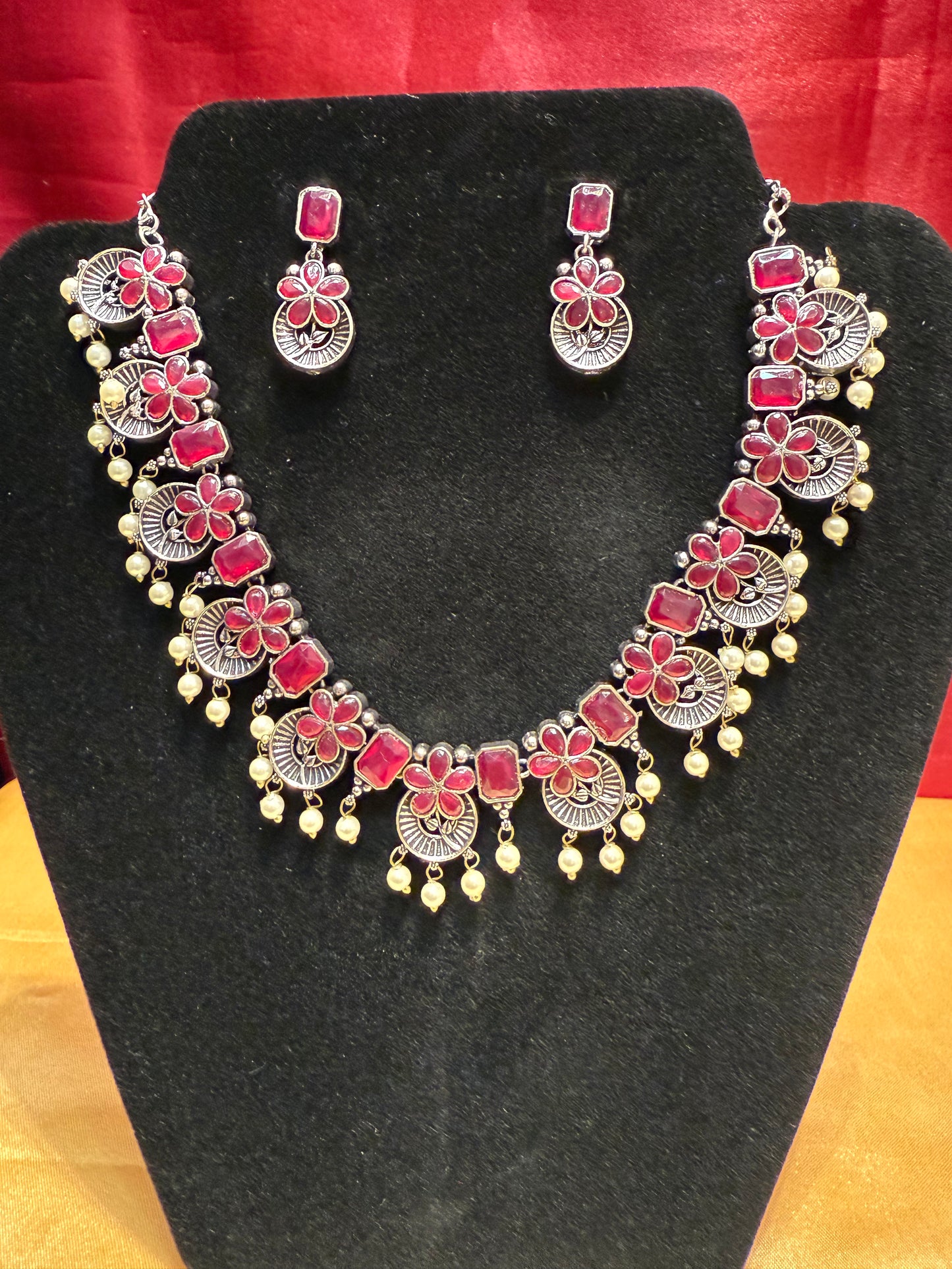 Pink Color Oxidized Necklace With Earrings Set In Mesa