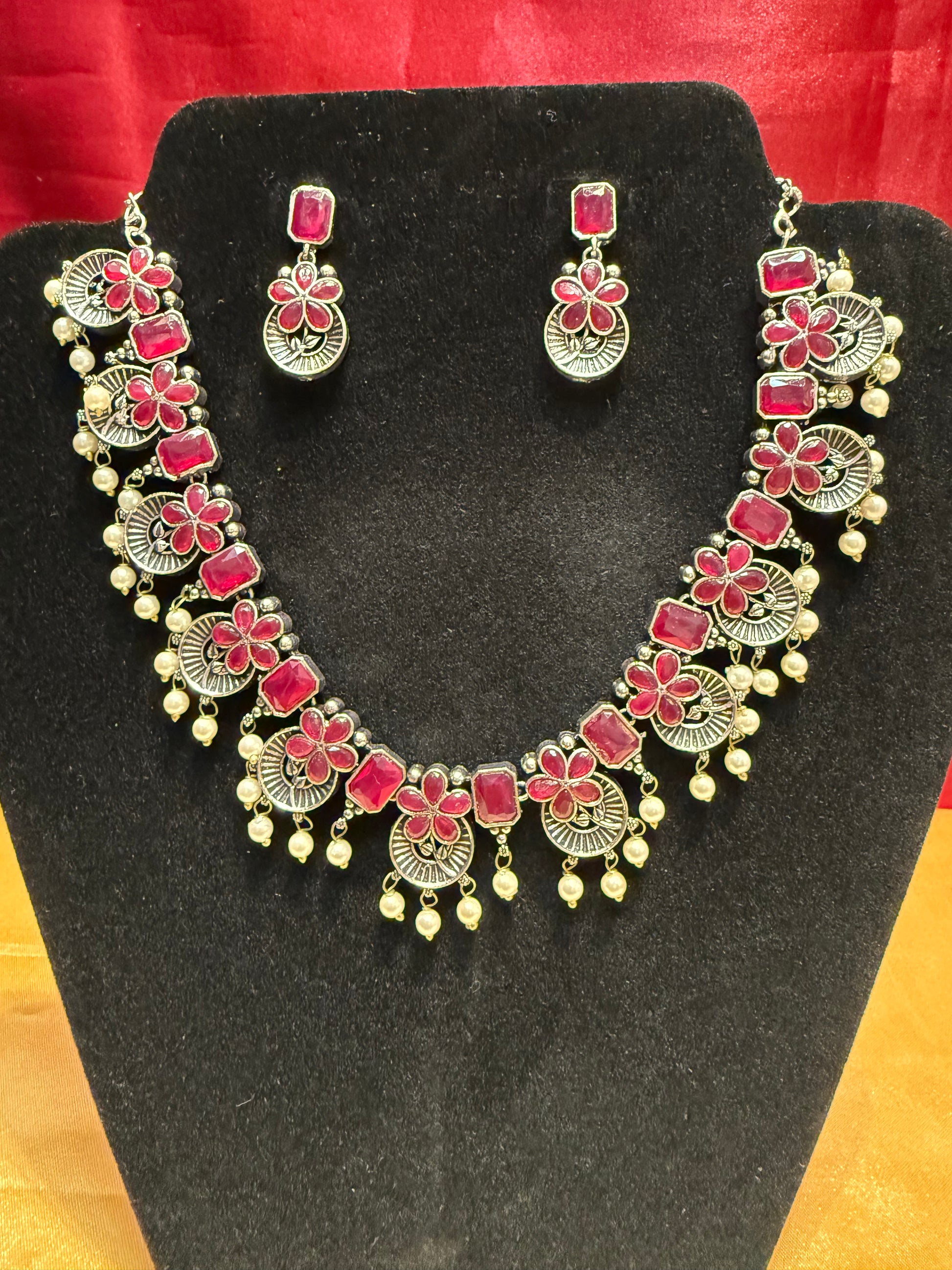 Alluring Pink Color Oxidized Beautiful Pearl Drop Design Necklace With Earrings Set