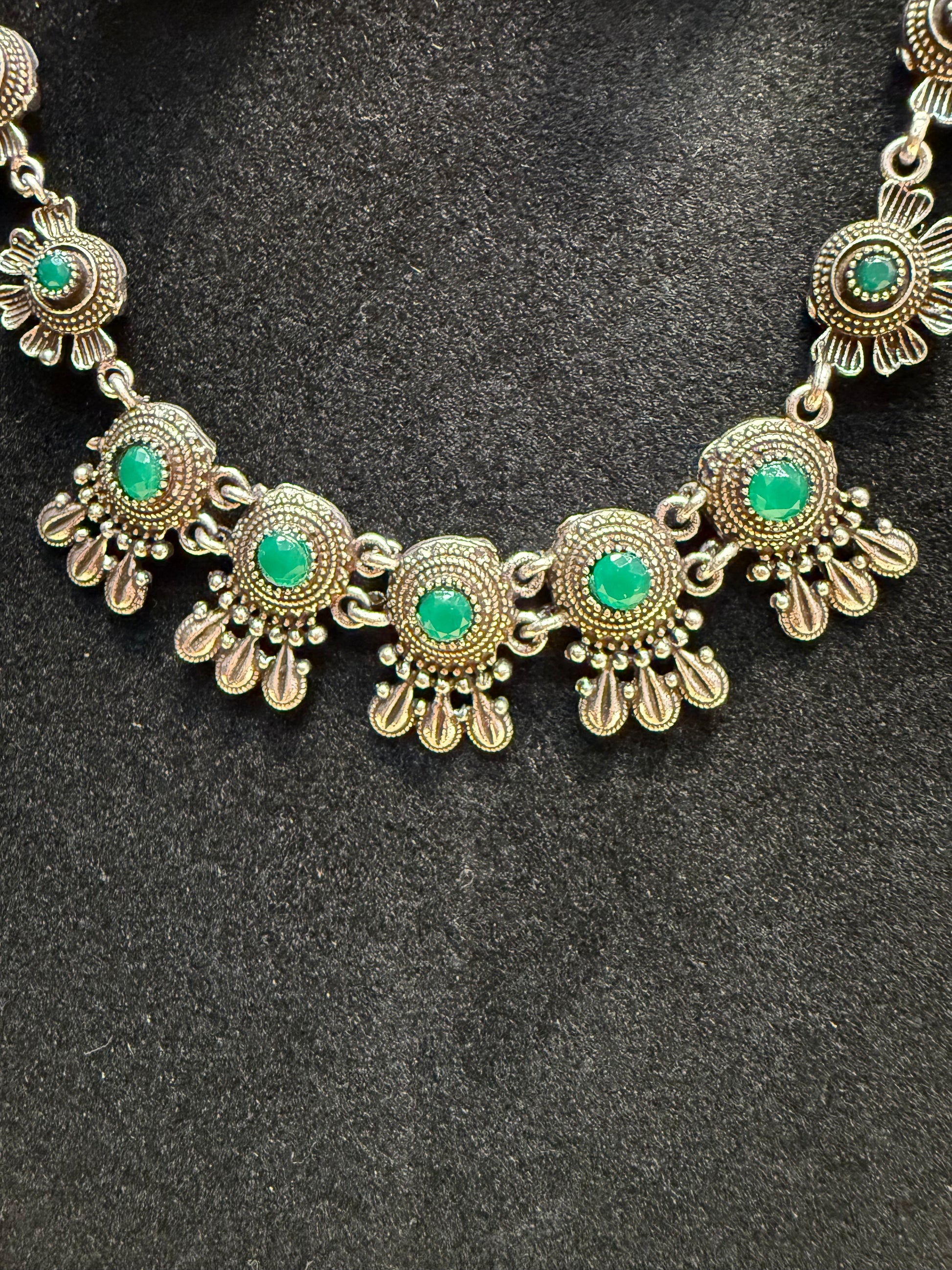 Green Color Oxidized Necklace With Pearl Drop Jhumka Set Near Me