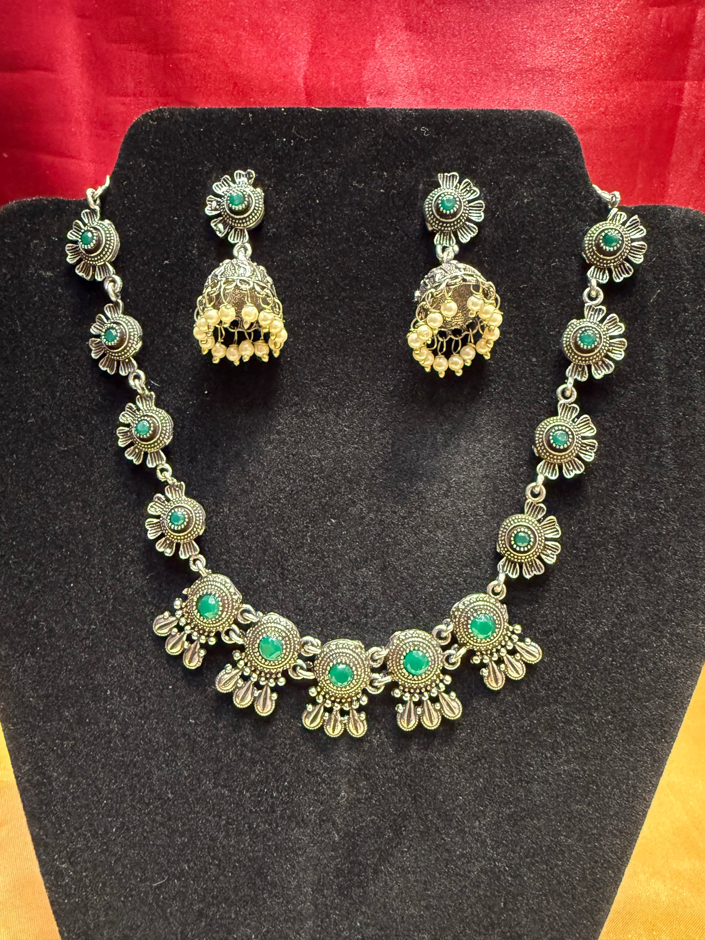 Adoring Green Color Oxidized Designed Necklace With Pearl Drop Jhumka Set