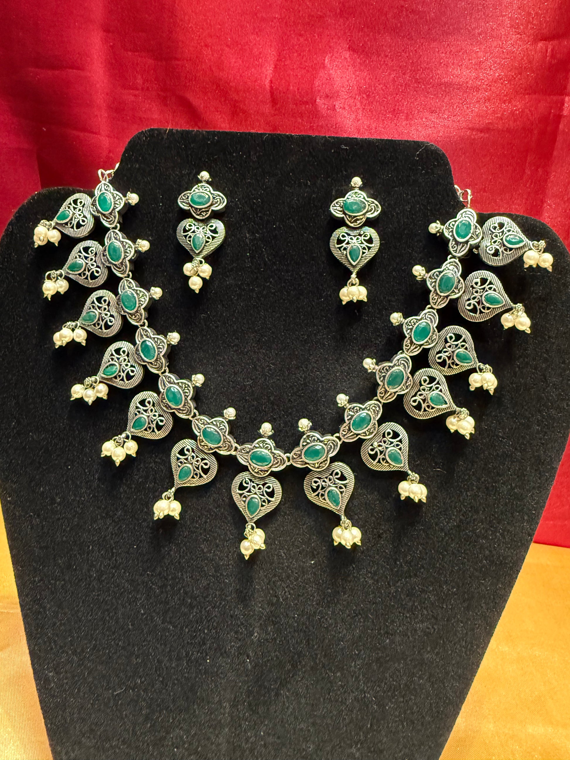 Alluring Green Color Oxidized Beautiful Design Necklace With Earrings Set