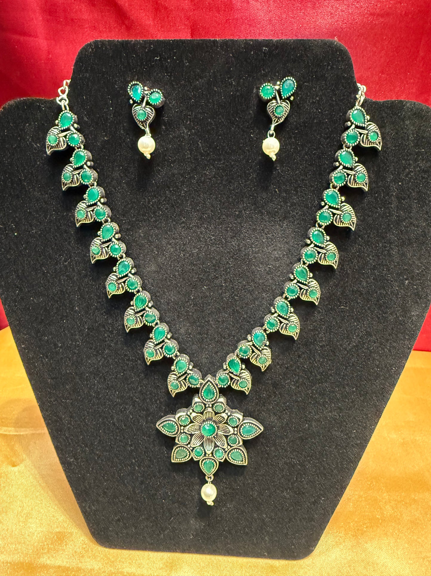 Alluring Green Color Oxidized Beautiful Flower Design Necklace With Earrings Set