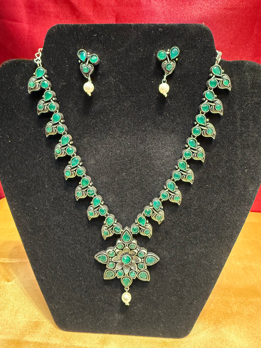 Alluring Green Color Oxidized Beautiful Flower Design Necklace With Earrings Set