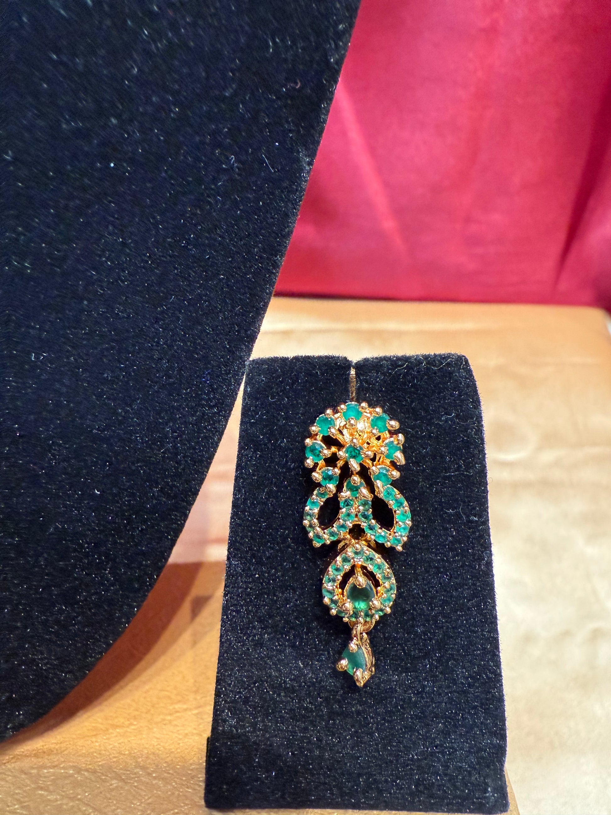 Green Stone Studded Gold Plated Earrings Set In USA