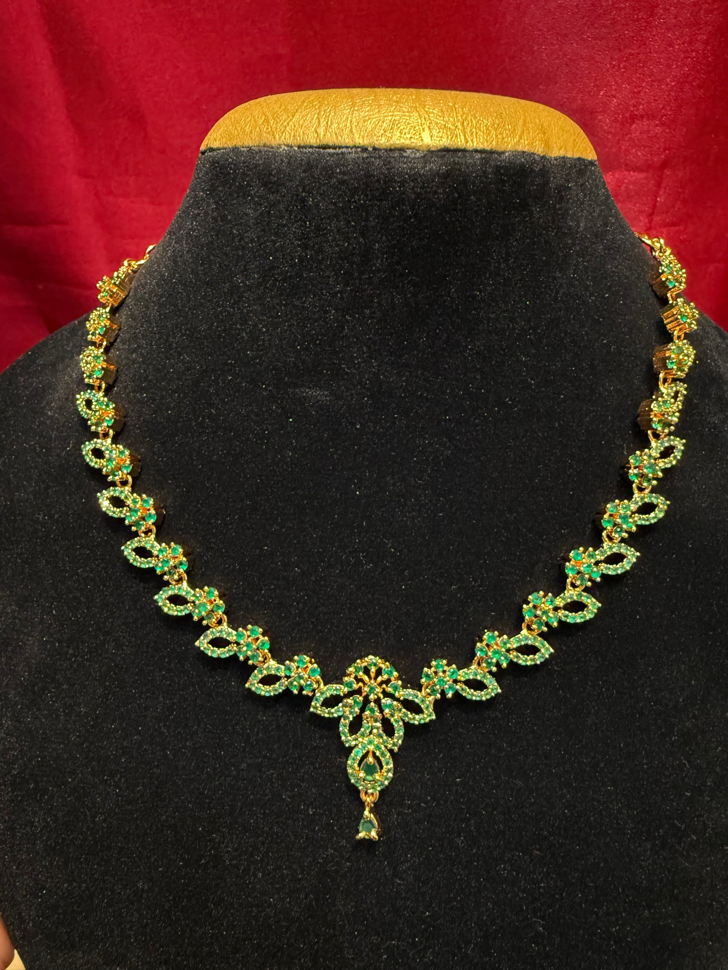 Green Stone Studded Gold Plated Necklace Near Me