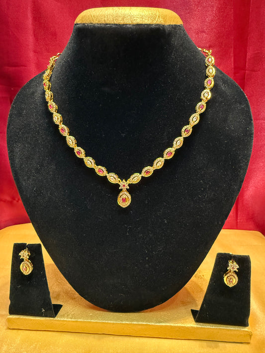 Stunning Pink And White Stone Studded Gold Plated Necklace And Earrings