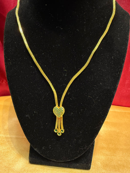 Attractive Gold Plated Green Color Stoned Long Chain With Beautiful Pendant For Women