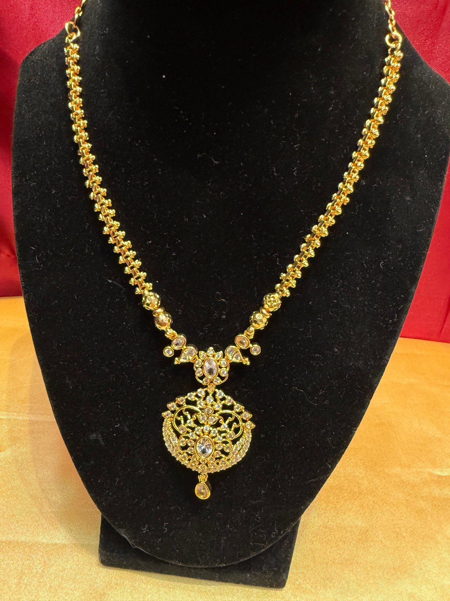 Attractive Gold Plated White Color Stoned Long Chain With Beautiful Pendant For Women