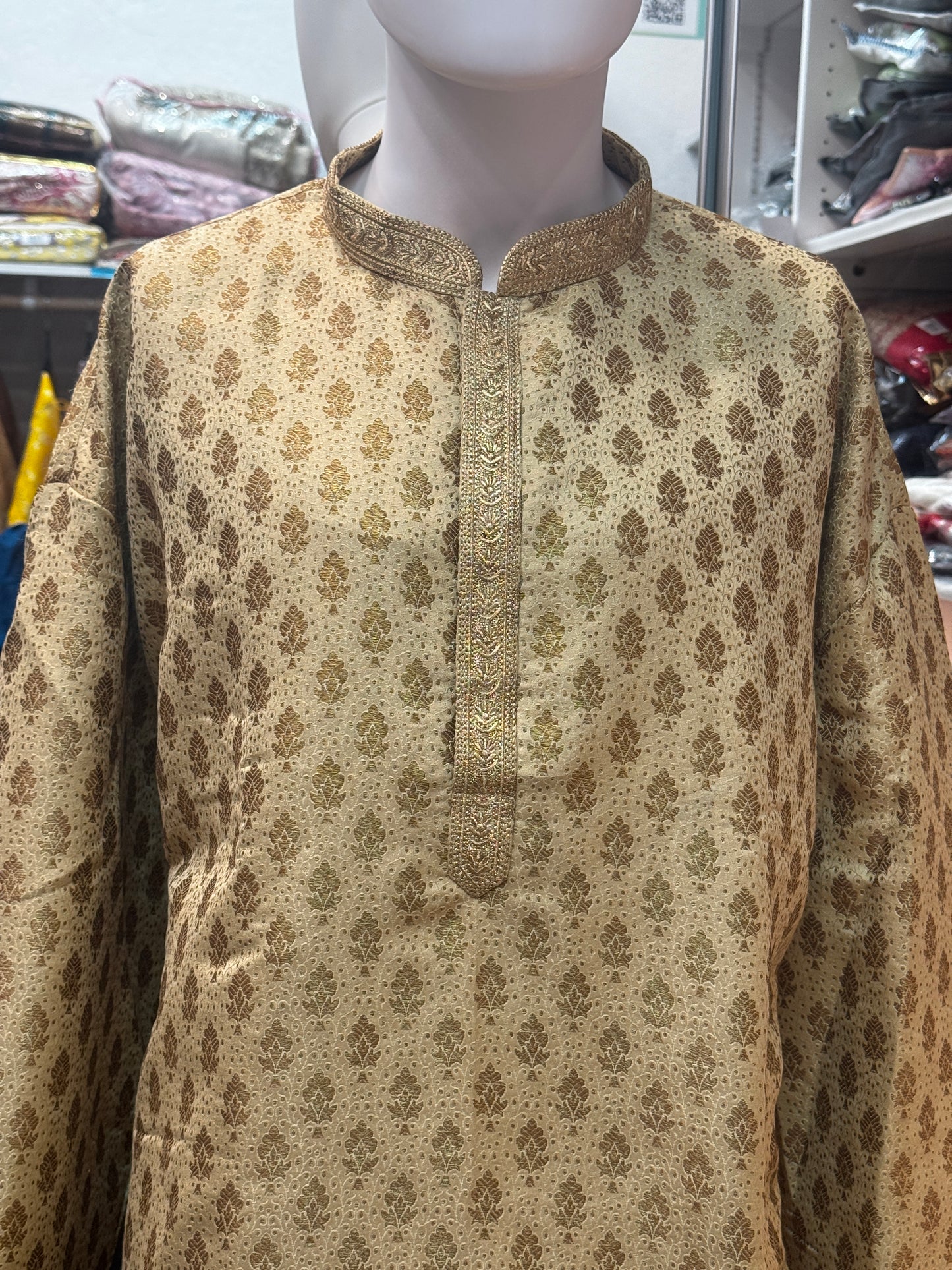Elegant Gold Color Zari Brocade With Linning Embroidery Work Kurta Pajama Pant For Men
