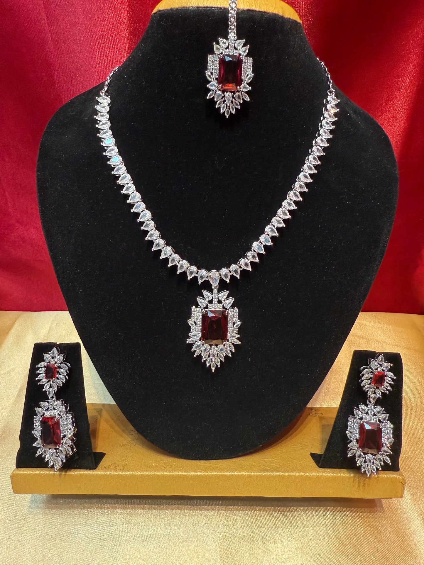 Alluring Red And White Stone American Diamond Set With Maang Tikka In USA