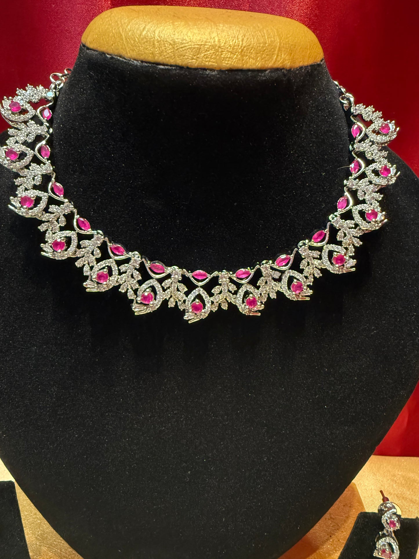 Alluring Pink And White Stone American Diamond Necklace Near Me