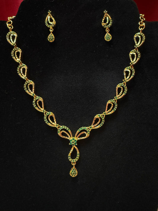 Dazzling Gold Plated Green Color Stone Necklace With Earrings For Women