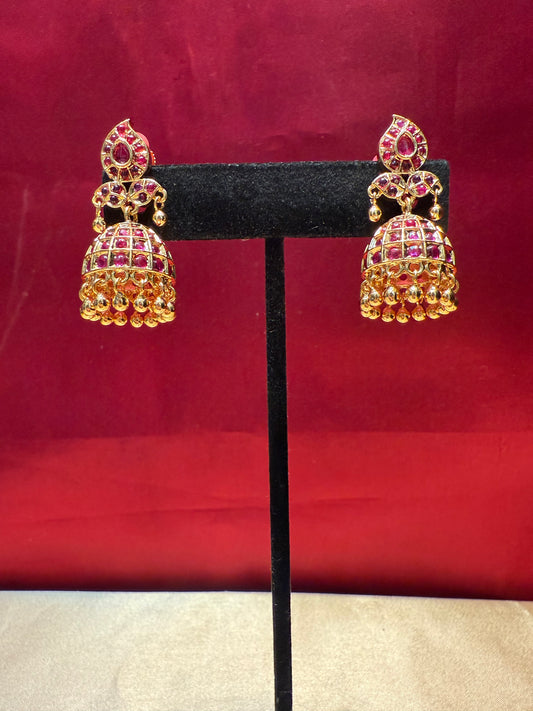 Graceful Ruby Stoned Gold Plated With Golden Beaded Jhumka Earrings