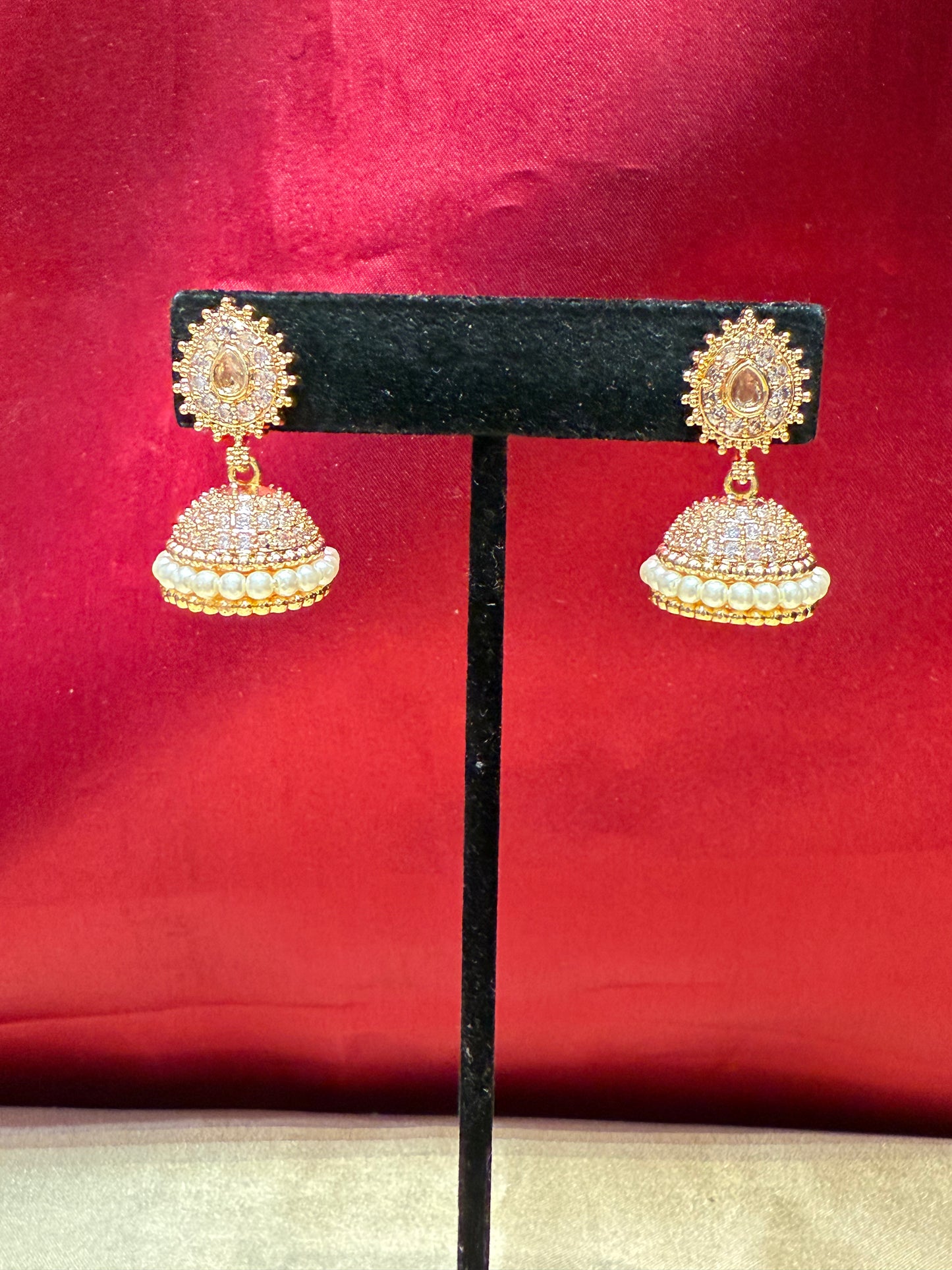 Dazzling Gold Plated Design Jhumka With White Stone In USA