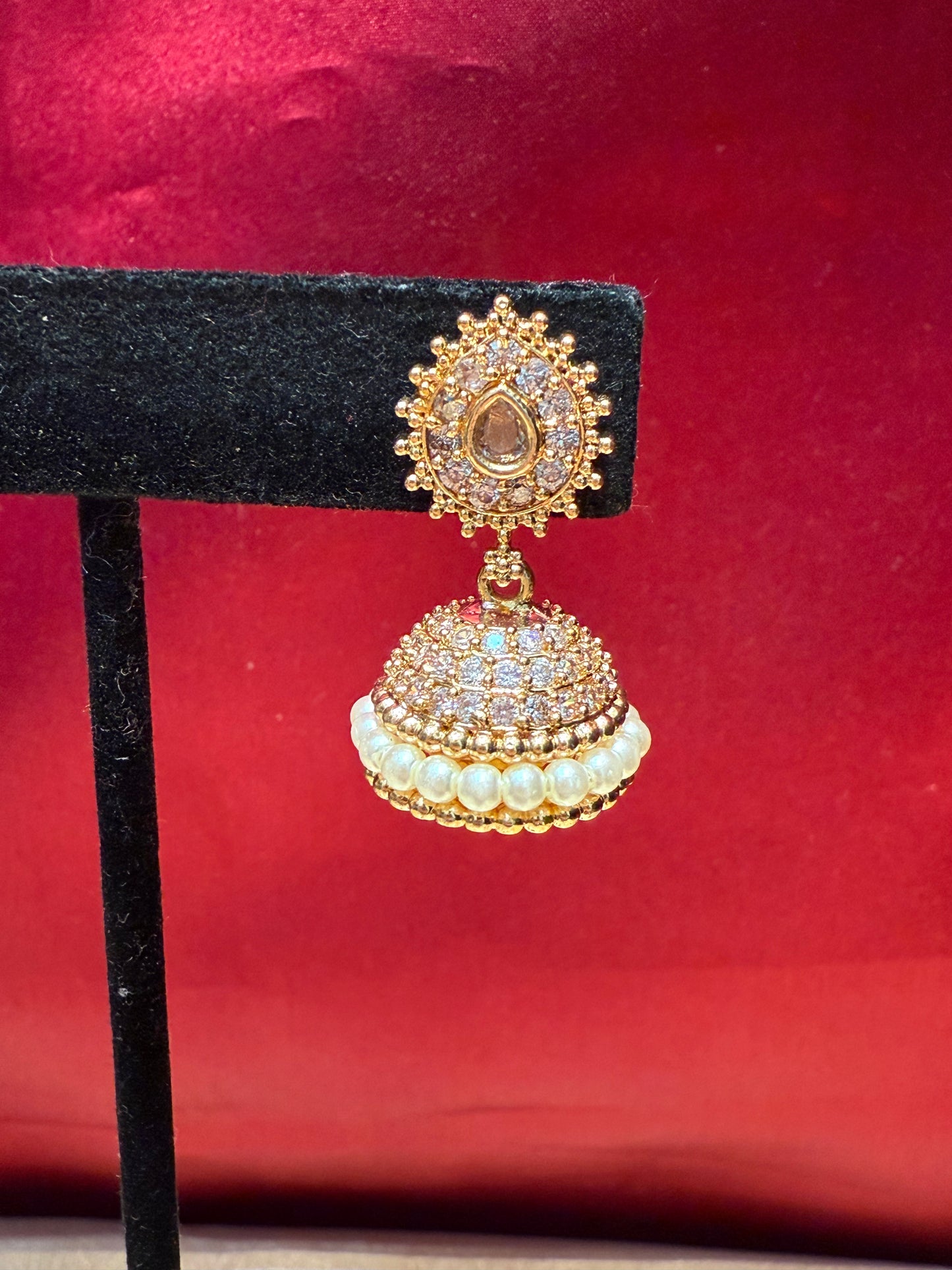 Dazzling Gold Plated Design Jhumka With White Stone With Pearls Designed Near Me