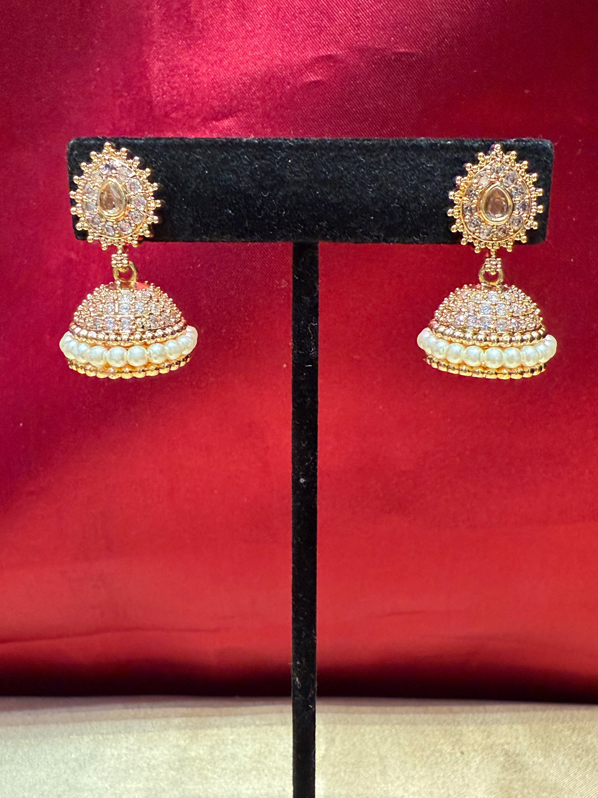 Dazzling Gold Plated Design Jhumka With White Stone With Pearls Designed For Women