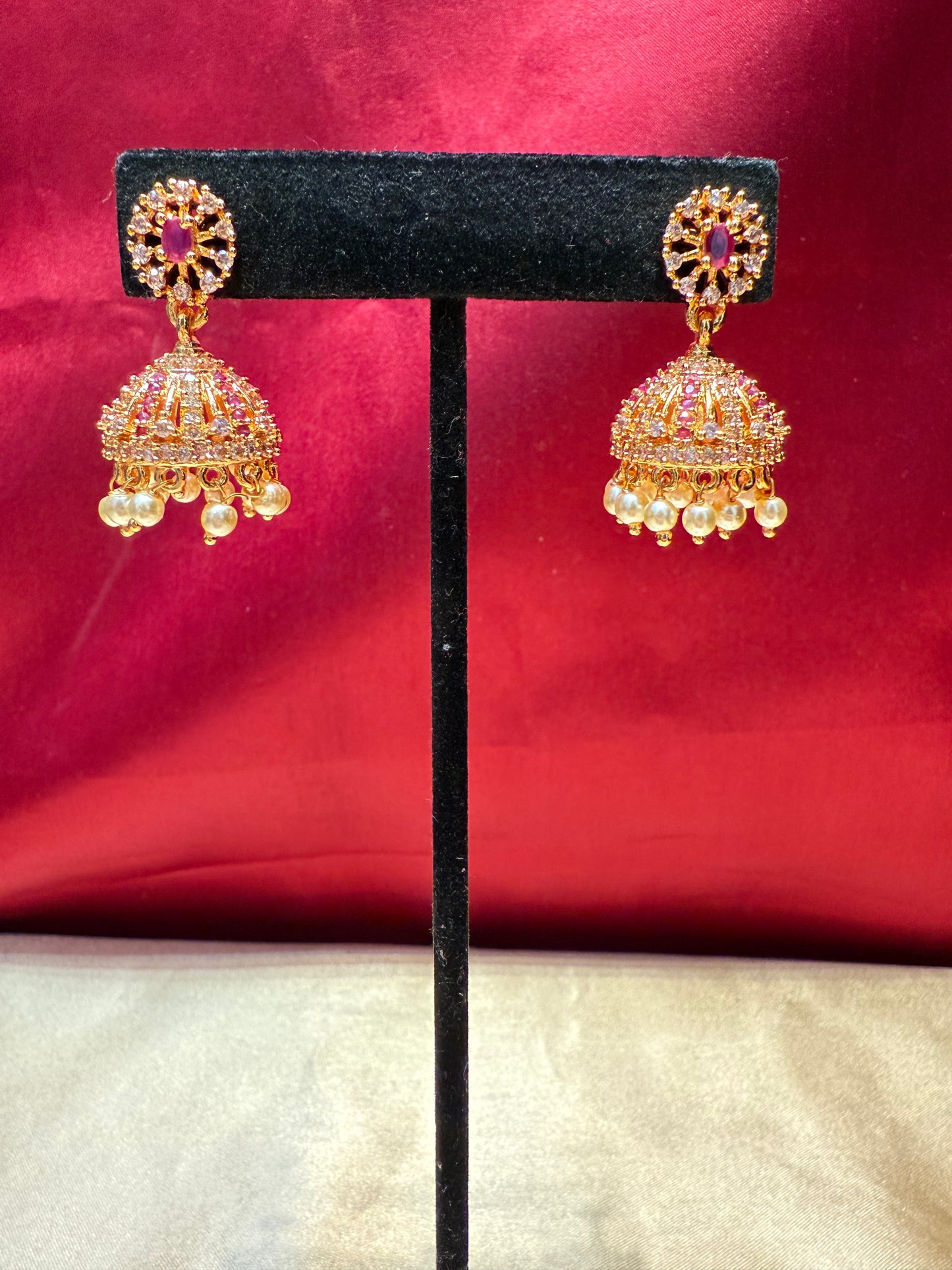 Stunning Gold Plated Design Jhumka With White Stone With Pearls In Chandler