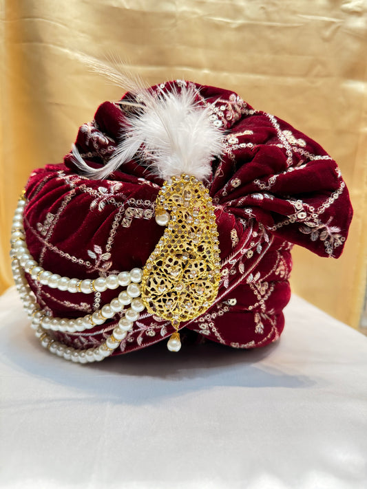 Gorgeous Maroon Color Velvet With Beaded And Beautiful Brooch Turban For Men