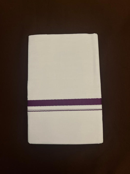 Elegant Men's White Premium Pure Cotton Purple Zari Border Dhoti