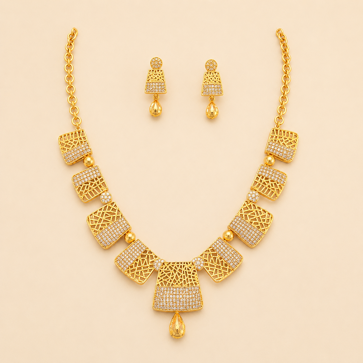 Elegant Gold-Tone Geometric Necklace & Earring Set with Crystal Accents
