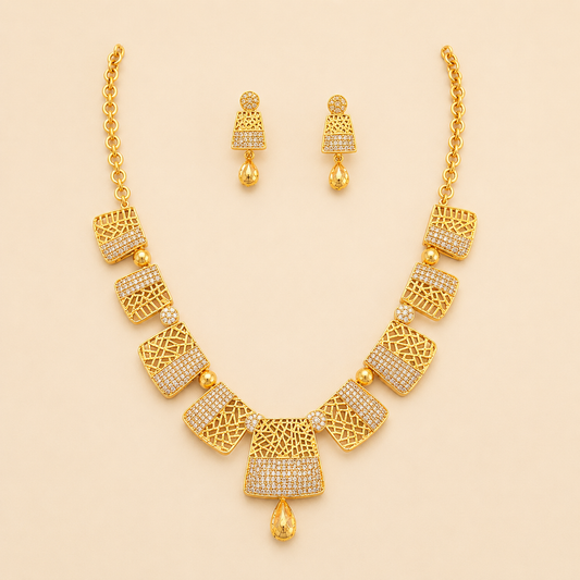 Premium Geometric Design Gold Color Necklace and Earring Set for Women