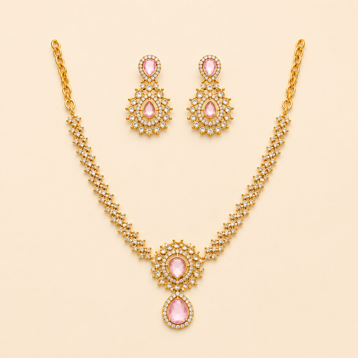 Royal Pink  and White Stones  Gold Plated Necklace & Earring Set For Women