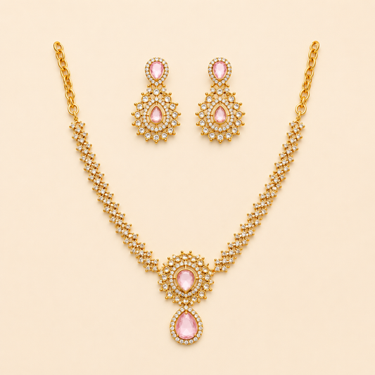 Stylish Pink And White Color Stone Gold Plated Necklace And Earring Set For Women