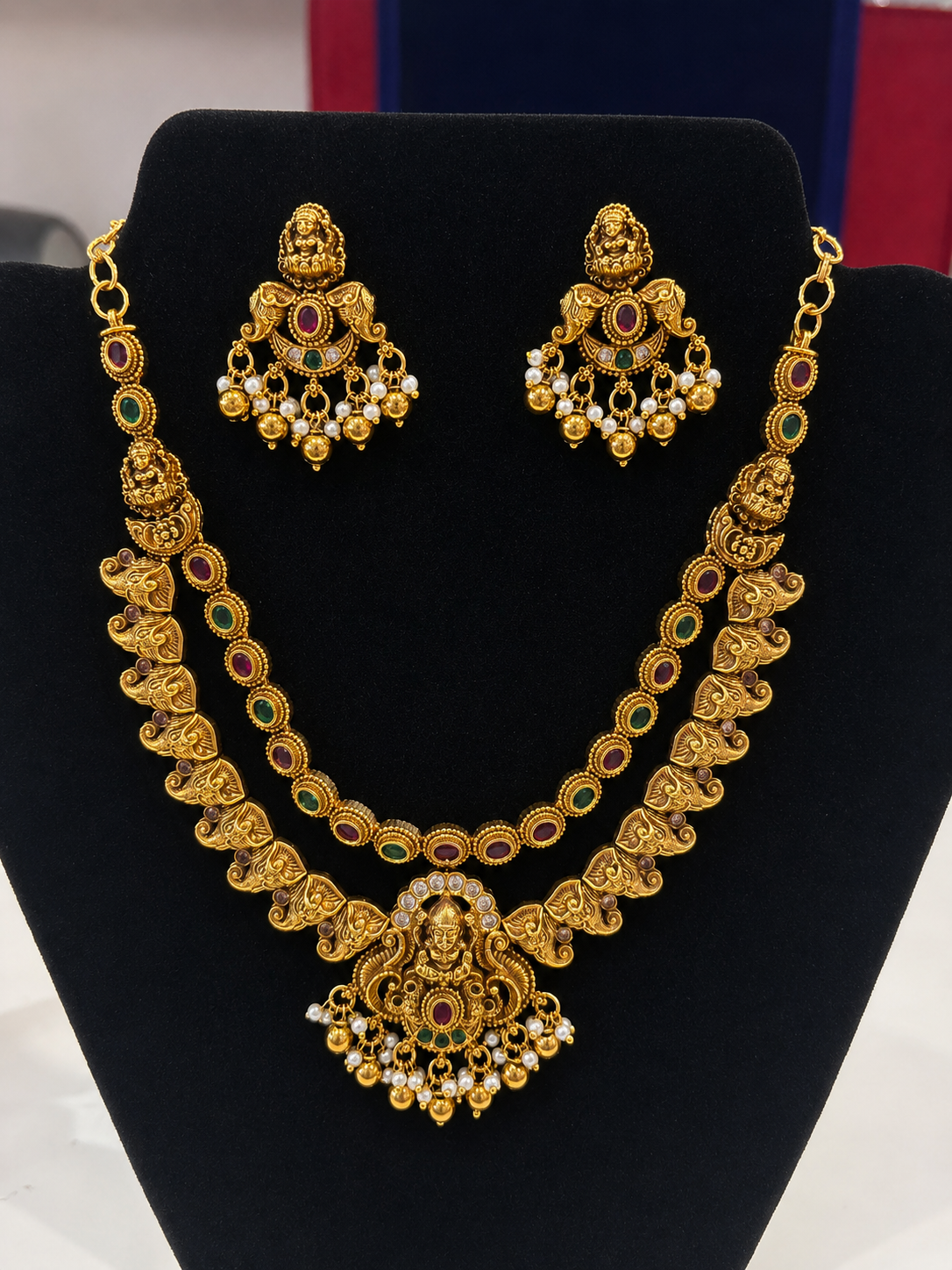 Antique Gold Lakshmi Temple Necklace Set with Ruby Green Stones, Pearl Drops & Matching Earrings