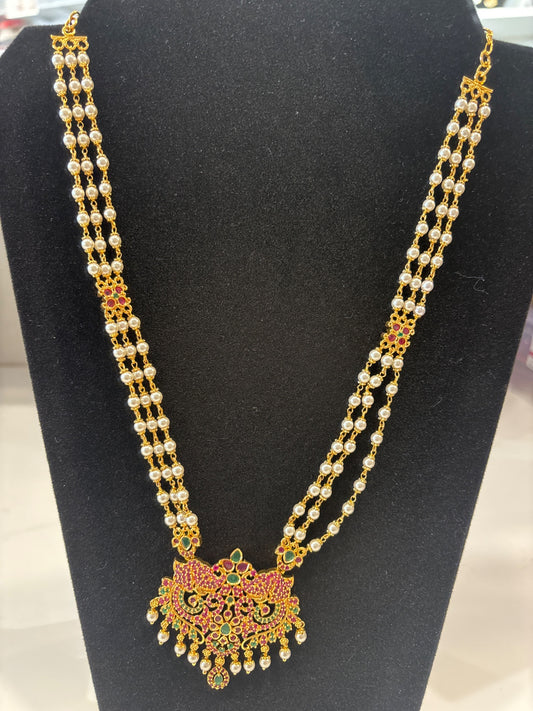 Elegant Pearl Layered Temple Pendant Necklace with Ruby & Emerald Stone Design