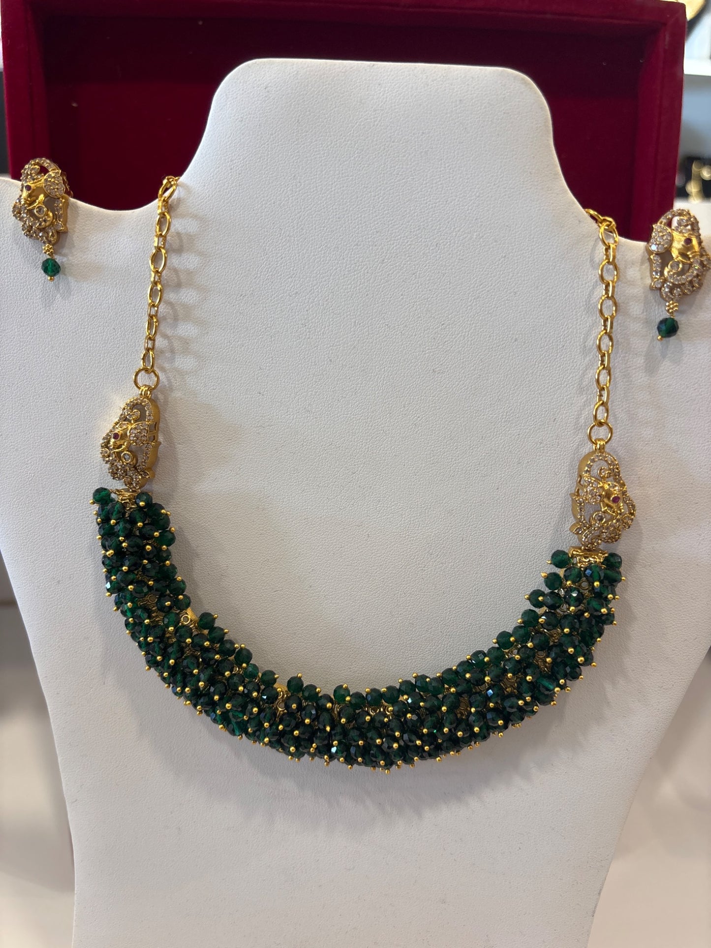 Elegant Emerald Green Crystal Beaded Necklace Set with CZ Peacock Motif Earrings