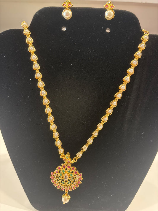 Appealing Pink And Green Stones Floral Design Gold Plated Necklace With Earrings