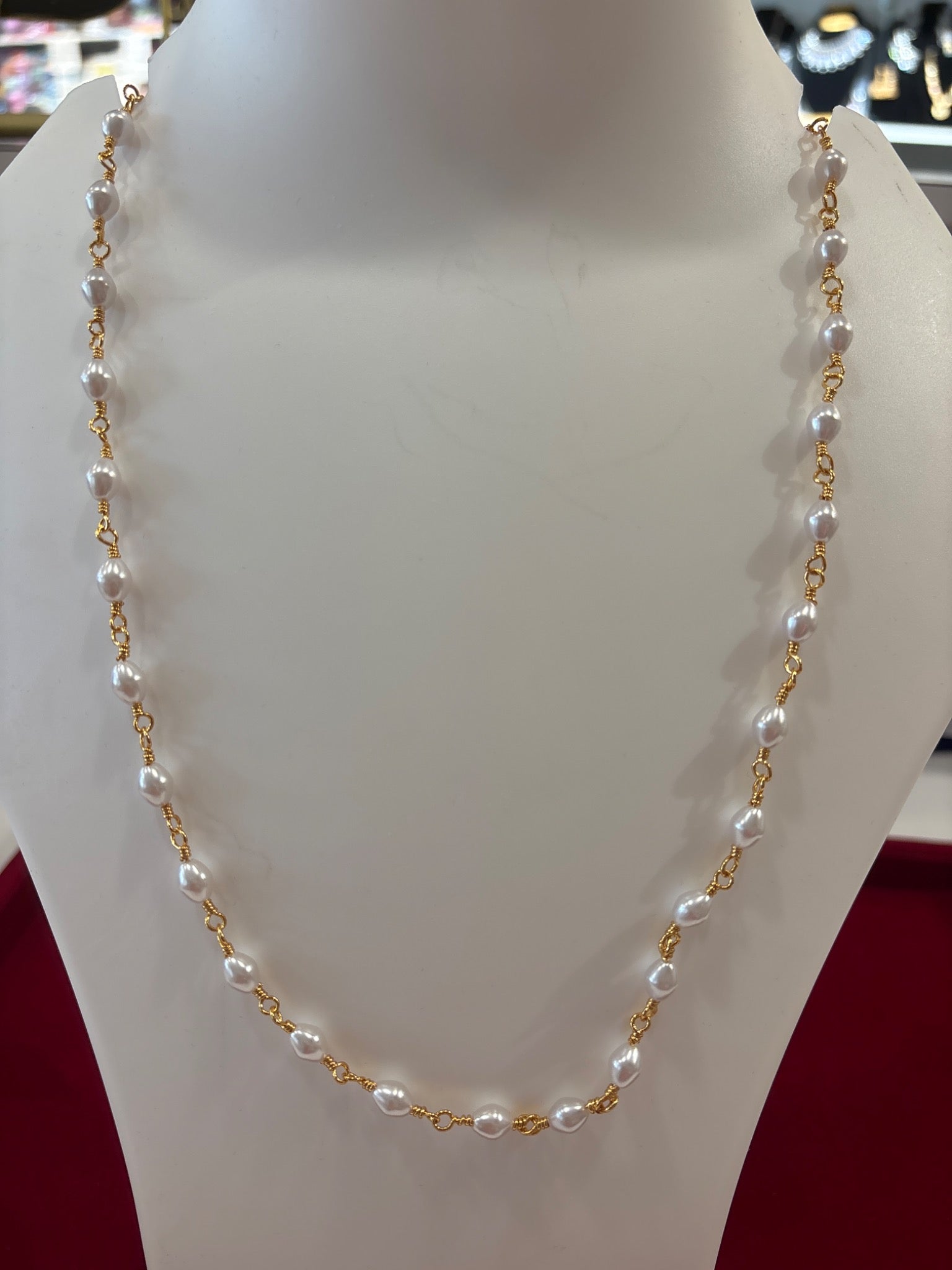 Elegant Gold Tone White Pearl Station Necklace for Women