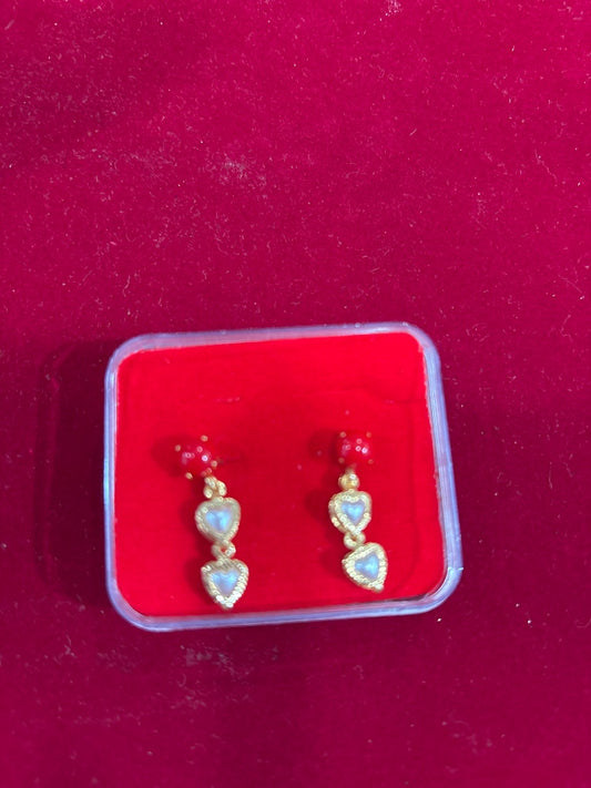 Traditional Gold Plated Drop Earrings Features A Red Stud Top And a Double Heart Design With White Pearls or Synthetic Stones For Women