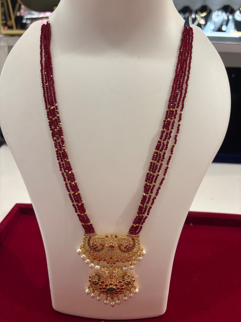 Attractive Multi Strand Ruby Bead Necklace with Gold Pendant For Women